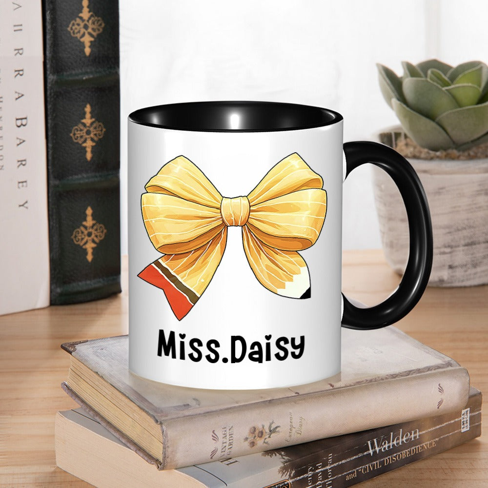 Personalized Coquette Bow Mug with Teacher's Name, Teacher Pencil Bow Knot 11oz Ceramic Mug, Teacher'sDay/Appreciation/Christmas Gift for Teachers