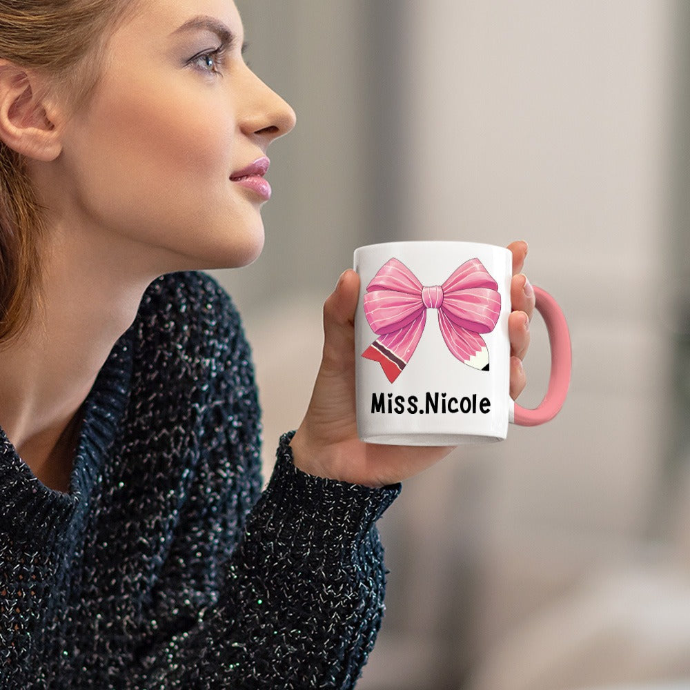 Personalized Coquette Bow Mug with Teacher's Name, Teacher Pencil Bow Knot 11oz Ceramic Mug, Teacher'sDay/Appreciation/Christmas Gift for Teachers
