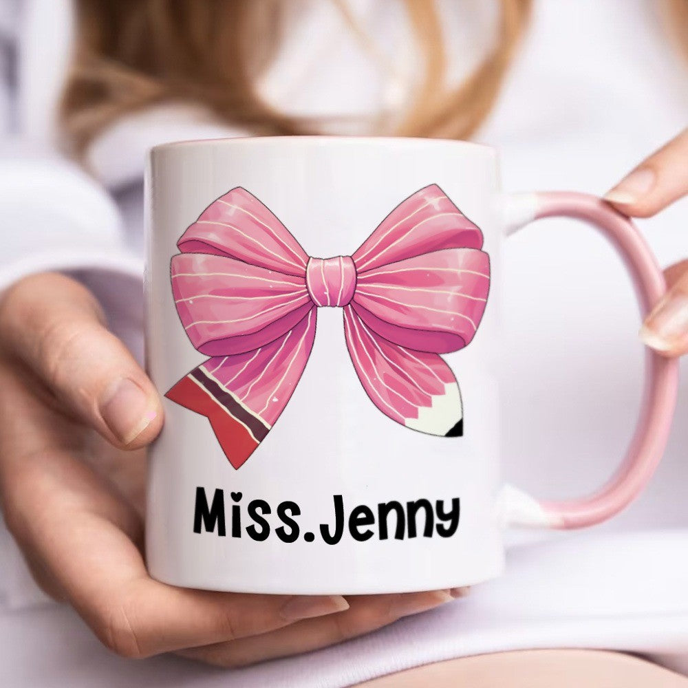 Personalized Coquette Bow Mug with Teacher's Name, Teacher Pencil Bow Knot 11oz Ceramic Mug, Teacher'sDay/Appreciation/Christmas Gift for Teachers