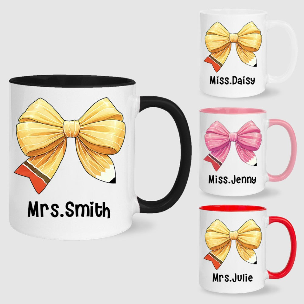 Personalized Coquette Bow Mug with Teacher's Name, Teacher Pencil Bow Knot 11oz Ceramic Mug, Teacher'sDay/Appreciation/Christmas Gift for Teachers