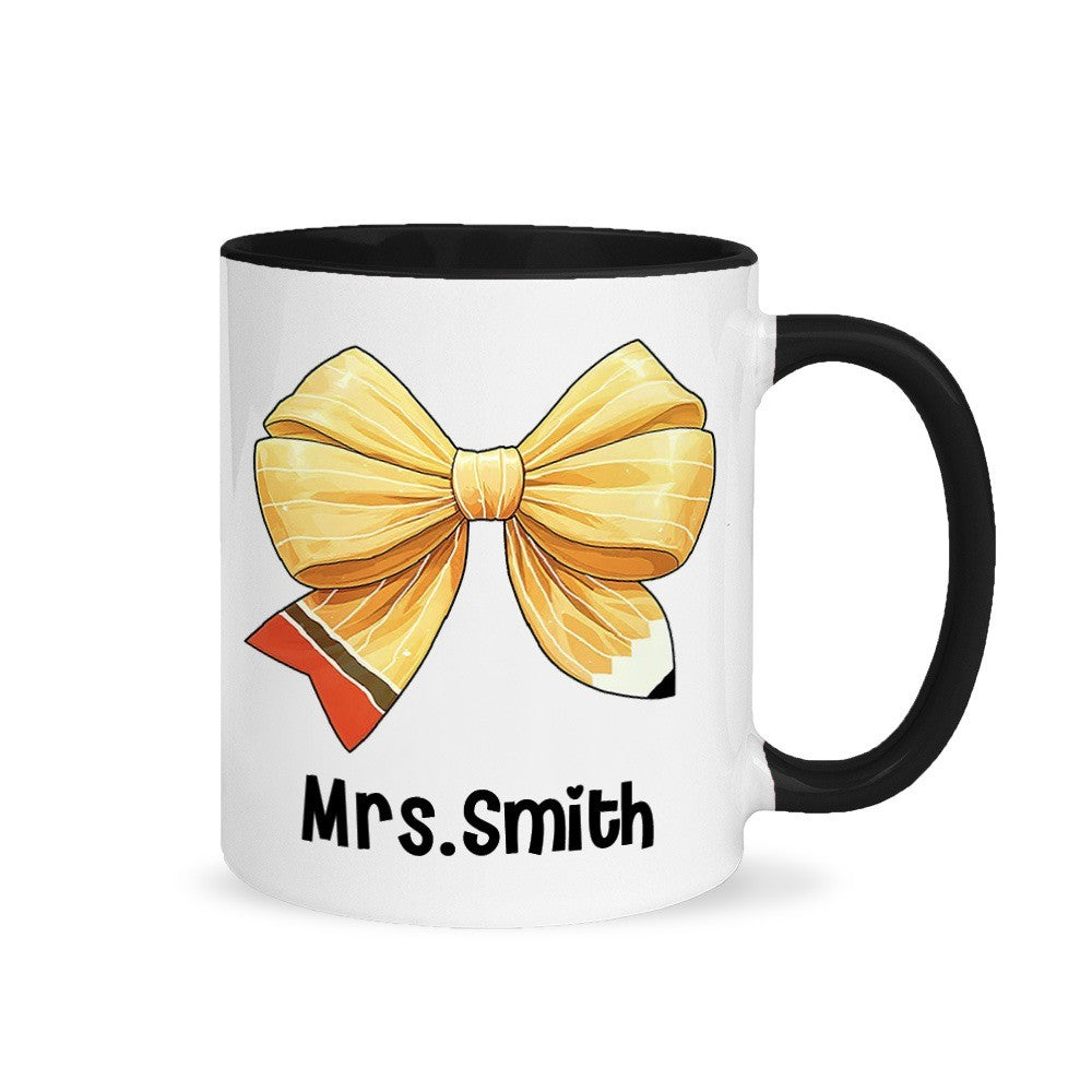 Personalized Coquette Bow Mug with Teacher's Name, Teacher Pencil Bow Knot 11oz Ceramic Mug, Teacher'sDay/Appreciation/Christmas Gift for Teachers