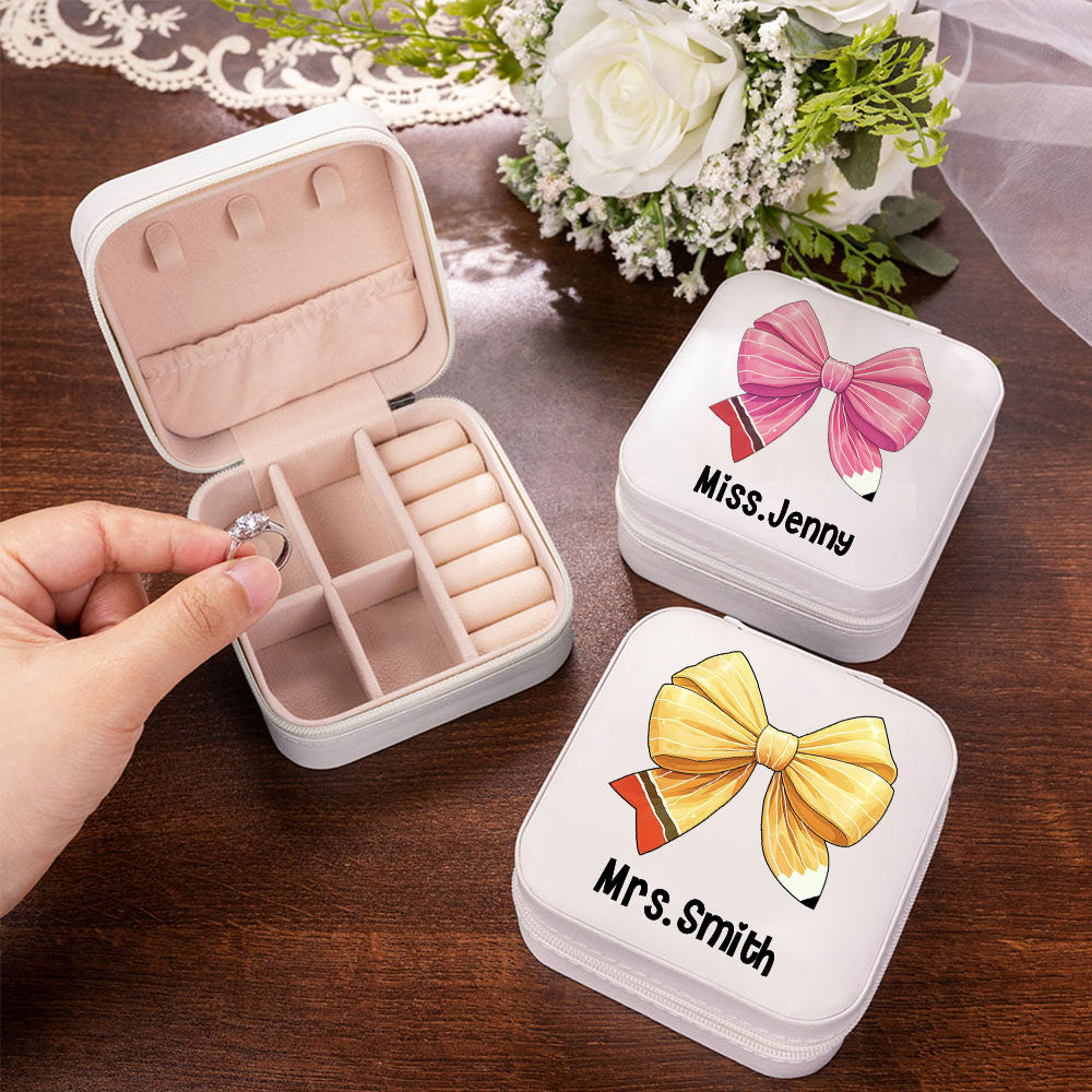 Custom Coquette Bow Teacher Jewelry Box, Pencil Bow Knot Travel Leather Jewelry Case, Back to School/Teacher's Day/Appreciation Gift for Teachers