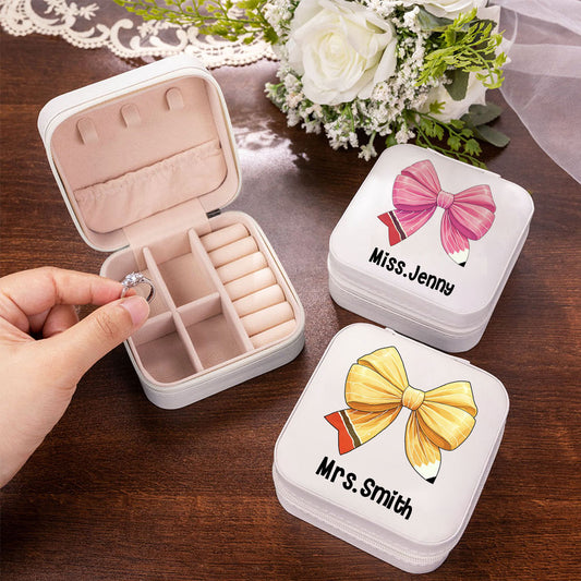 Custom Coquette Bow Teacher Jewelry Box, Pencil Bow Knot Travel Leather Jewelry Case, Back to School/Teacher's Day/Appreciation Gift for Teachers