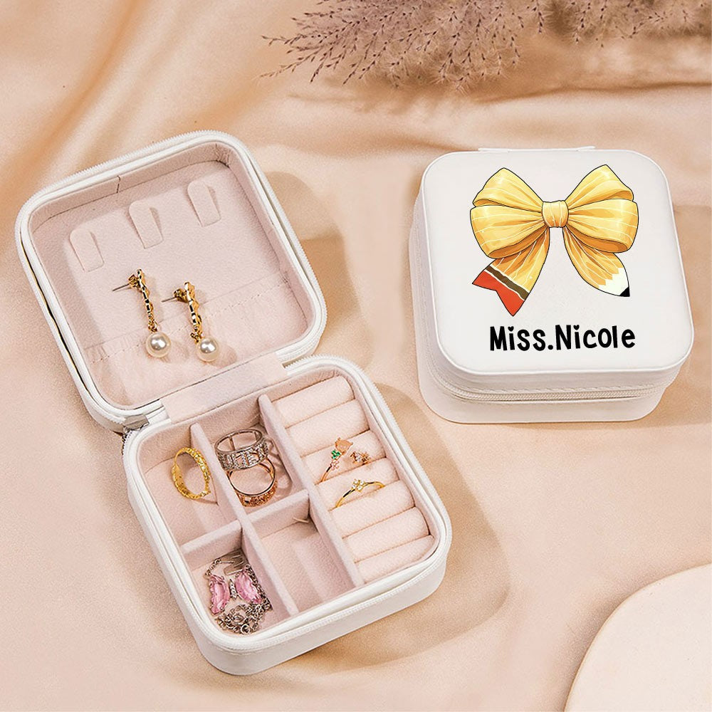 Custom Coquette Bow Teacher Jewelry Box, Pencil Bow Knot Travel Leather Jewelry Case, Back to School/Teacher's Day/Appreciation Gift for Teachers