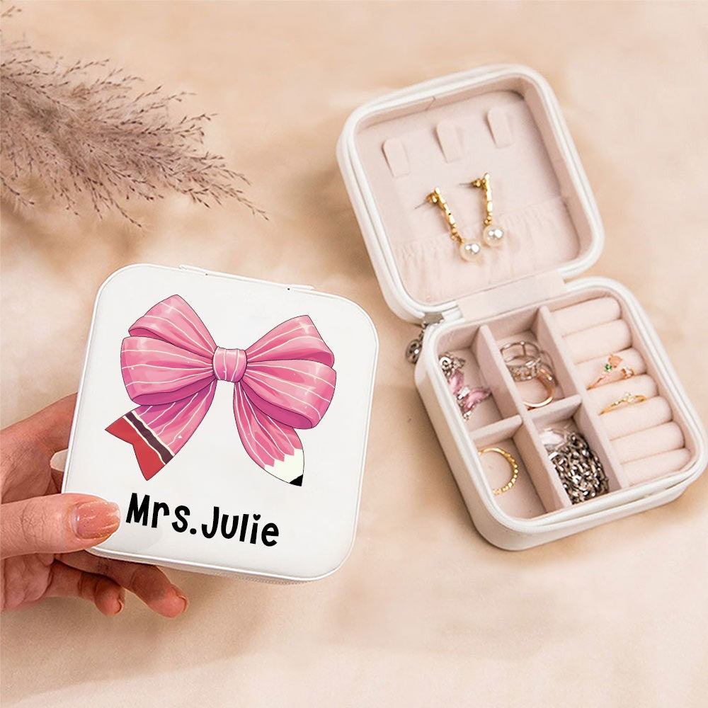 Custom Coquette Bow Teacher Jewelry Box, Pencil Bow Knot Travel Leather Jewelry Case, Back to School/Teacher's Day/Appreciation Gift for Teachers
