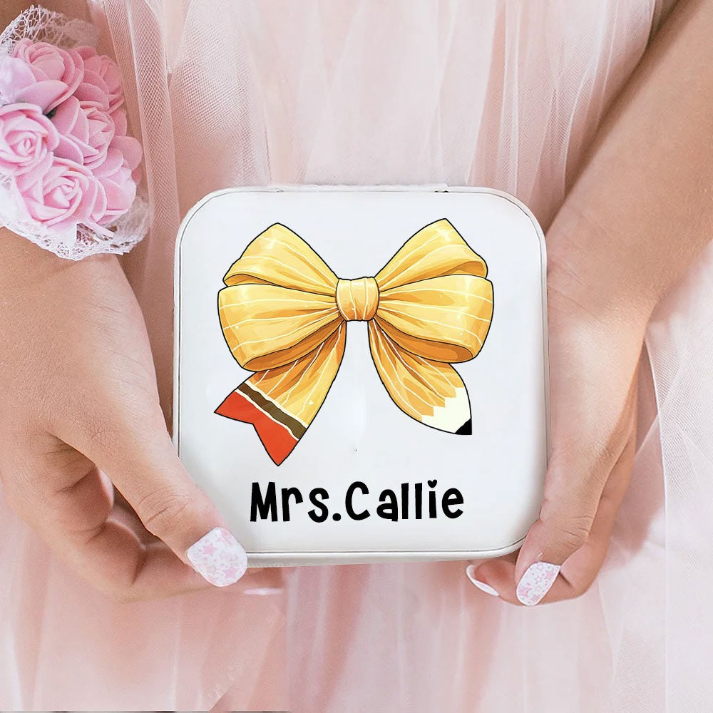 Custom Coquette Bow Teacher Jewelry Box, Pencil Bow Knot Travel Leather Jewelry Case, Back to School/Teacher's Day/Appreciation Gift for Teachers