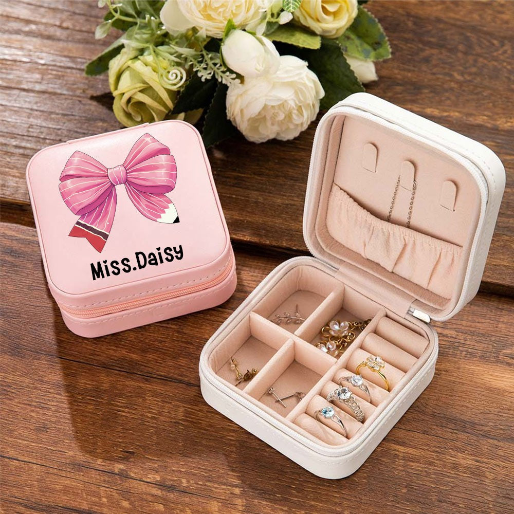 Custom Coquette Bow Teacher Jewelry Box, Pencil Bow Knot Travel Leather Jewelry Case, Back to School/Teacher's Day/Appreciation Gift for Teachers