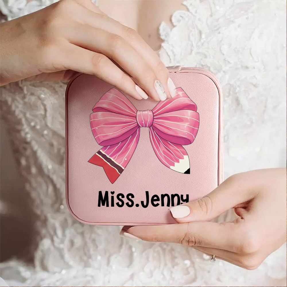 Custom Coquette Bow Teacher Jewelry Box, Pencil Bow Knot Travel Leather Jewelry Case, Back to School/Teacher's Day/Appreciation Gift for Teachers