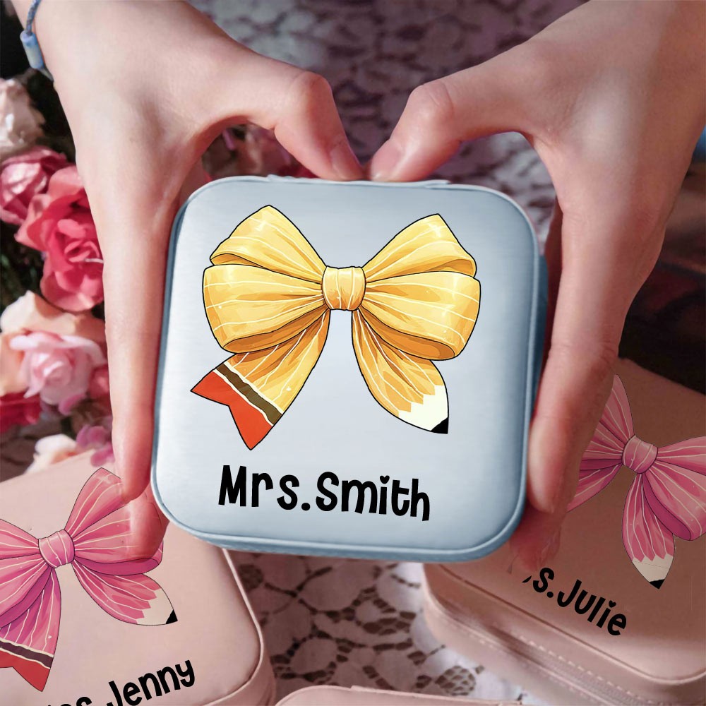 Custom Coquette Bow Teacher Jewelry Box, Pencil Bow Knot Travel Leather Jewelry Case, Back to School/Teacher's Day/Appreciation Gift for Teachers