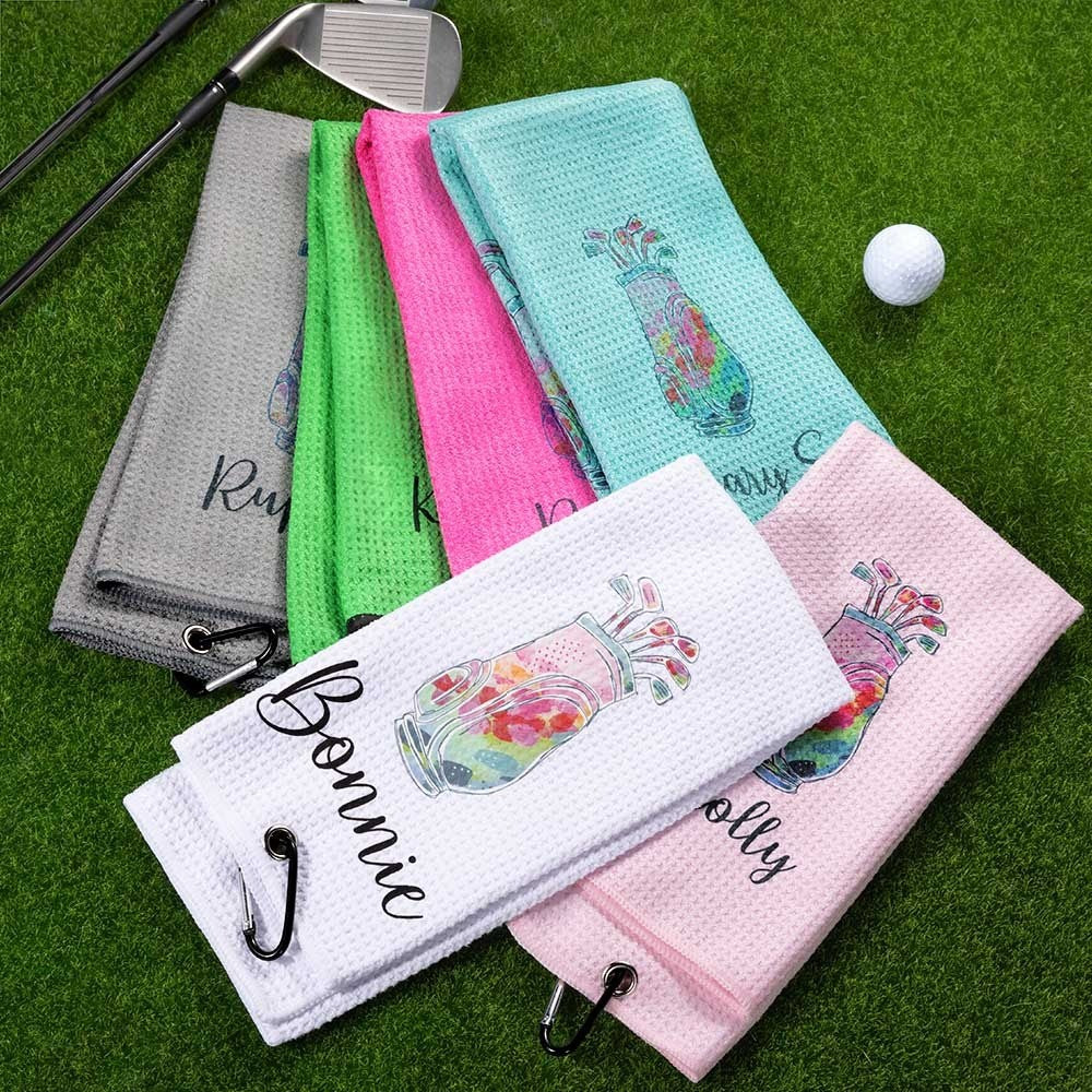 Personalized Colorful Golfing Clubs Waffle Towel with Hanging Clip and Name, Absorb Sweat Golf Towel, Birthday Gift for Golf Lovers