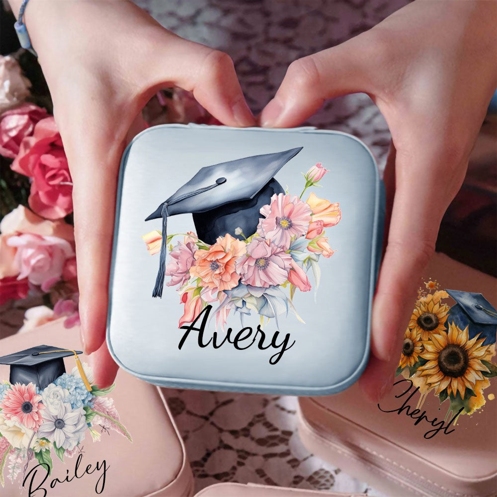Personalized Name Graduation Cap Flower Leather Jewelry Case, Bouquet of Flowers Travel Jewelry Box, Graduation Gift for Her/Family/Friends/Classmates