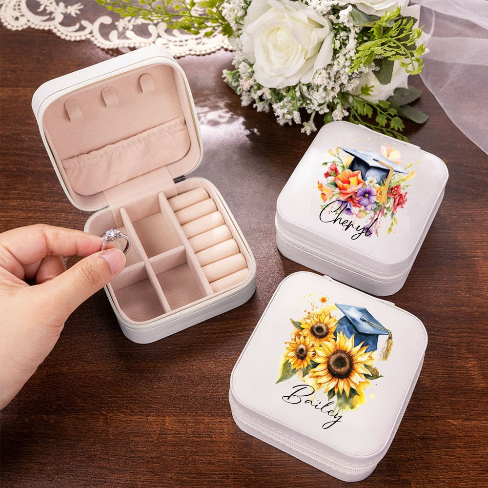 Personalized Name Graduation Cap Flower Leather Jewelry Case, Bouquet of Flowers Travel Jewelry Box, Graduation Gift for Her/Family/Friends/Classmates