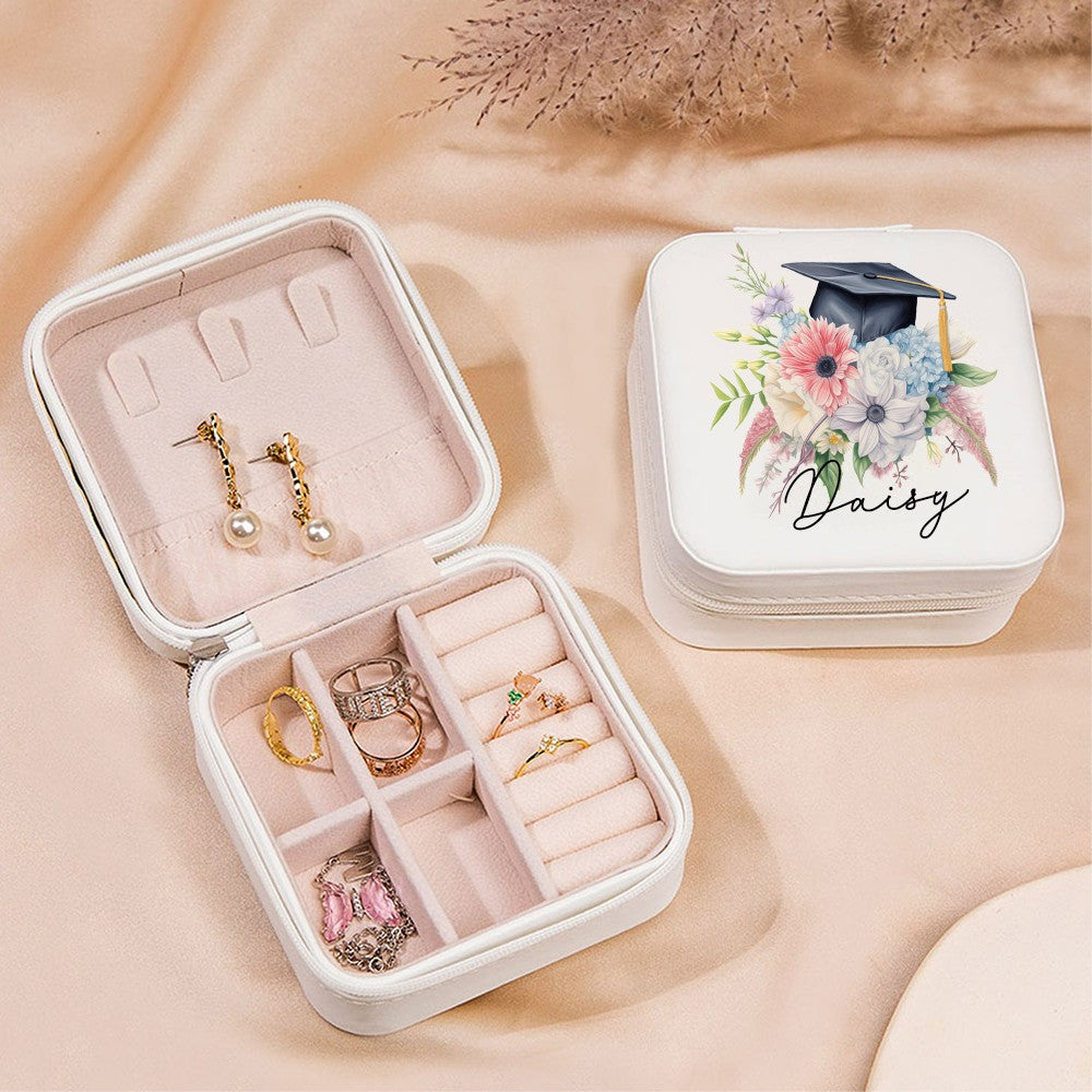 Personalized Name Graduation Cap Flower Leather Jewelry Case, Bouquet of Flowers Travel Jewelry Box, Graduation Gift for Her/Family/Friends/Classmates