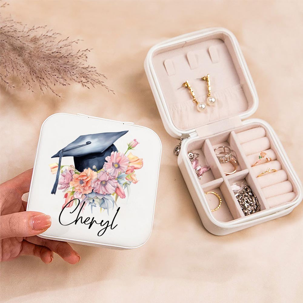 Personalized Name Graduation Cap Flower Leather Jewelry Case, Bouquet of Flowers Travel Jewelry Box, Graduation Gift for Her/Family/Friends/Classmates