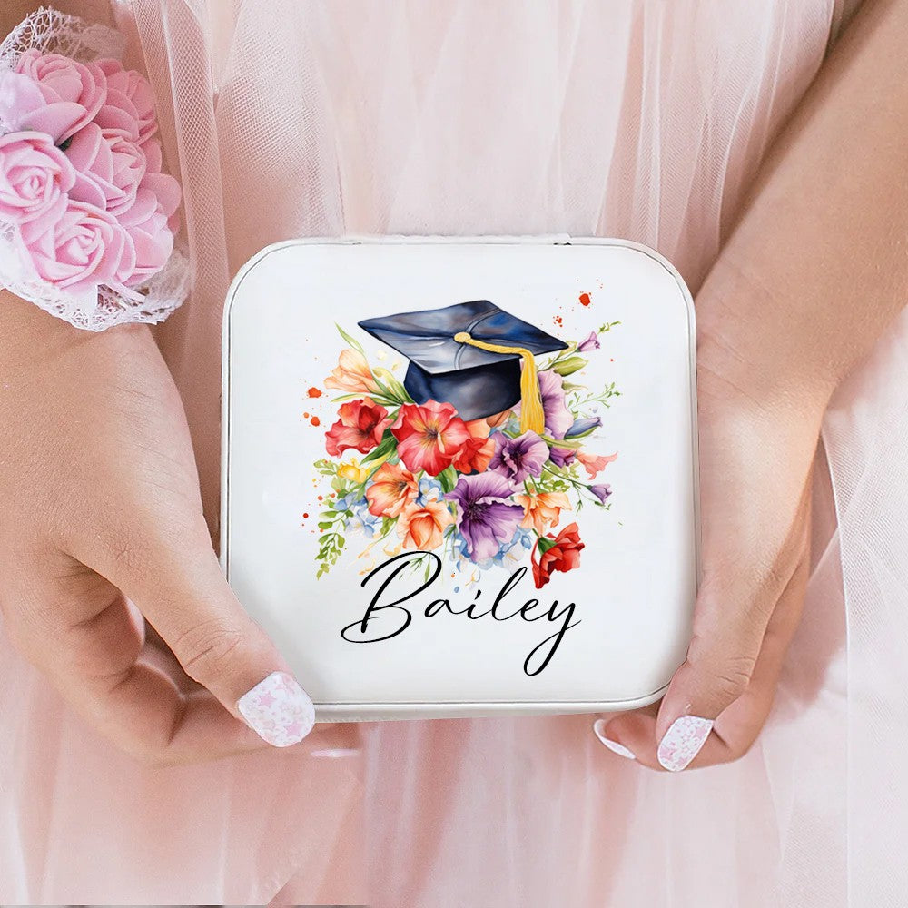 Personalized Name Graduation Cap Flower Leather Jewelry Case, Bouquet of Flowers Travel Jewelry Box, Graduation Gift for Her/Family/Friends/Classmates