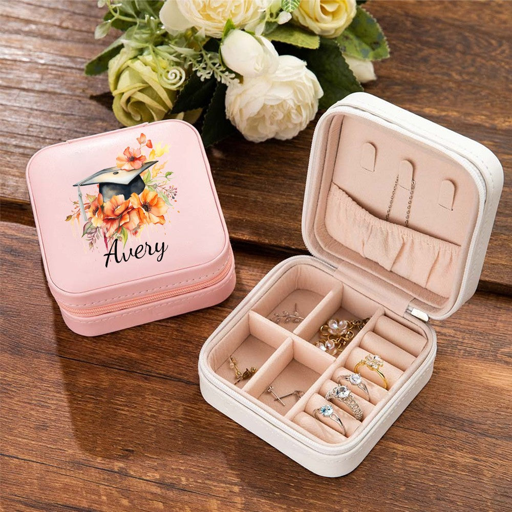 Personalized Name Graduation Cap Flower Leather Jewelry Case, Bouquet of Flowers Travel Jewelry Box, Graduation Gift for Her/Family/Friends/Classmates