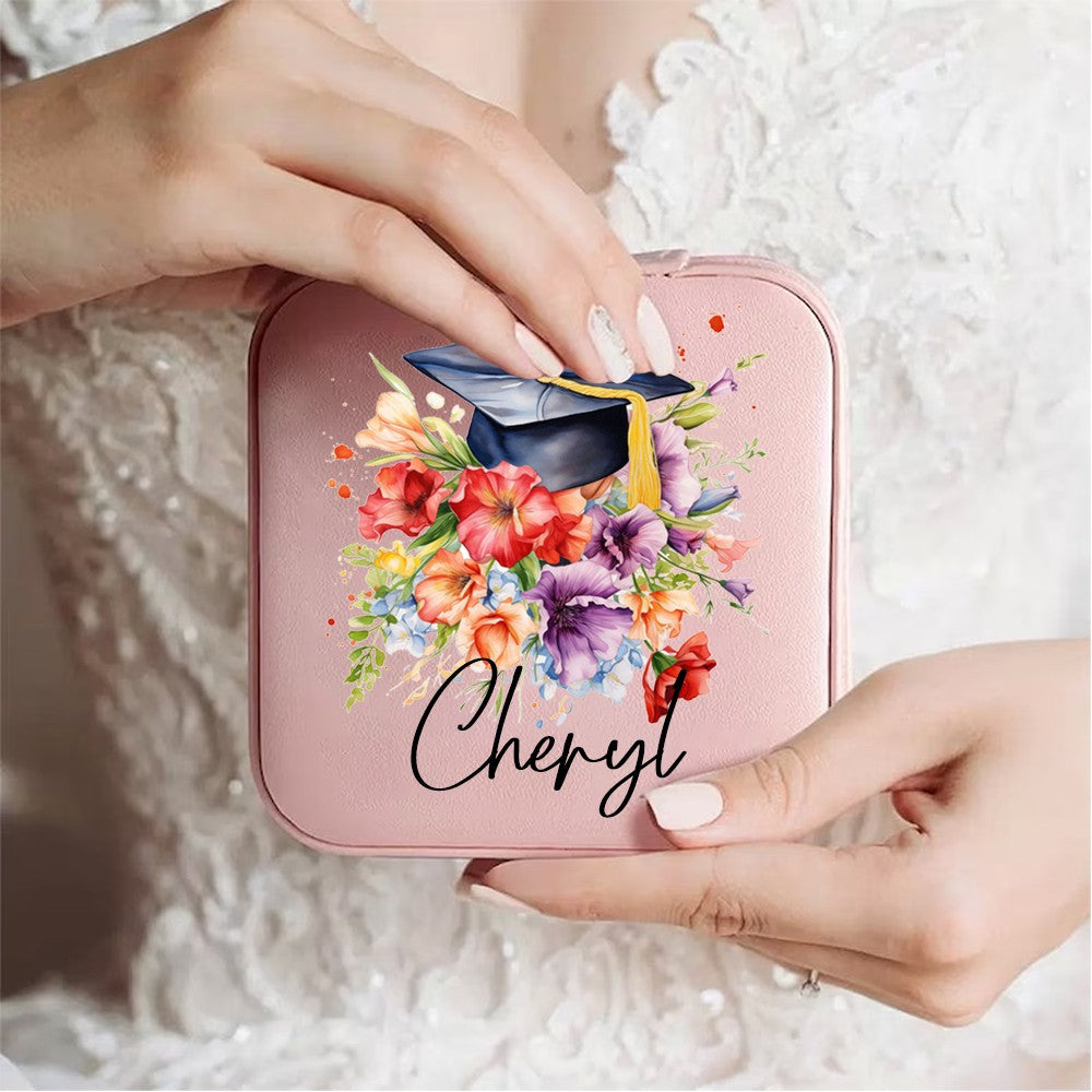 Personalized Name Graduation Cap Flower Leather Jewelry Case, Bouquet of Flowers Travel Jewelry Box, Graduation Gift for Her/Family/Friends/Classmates