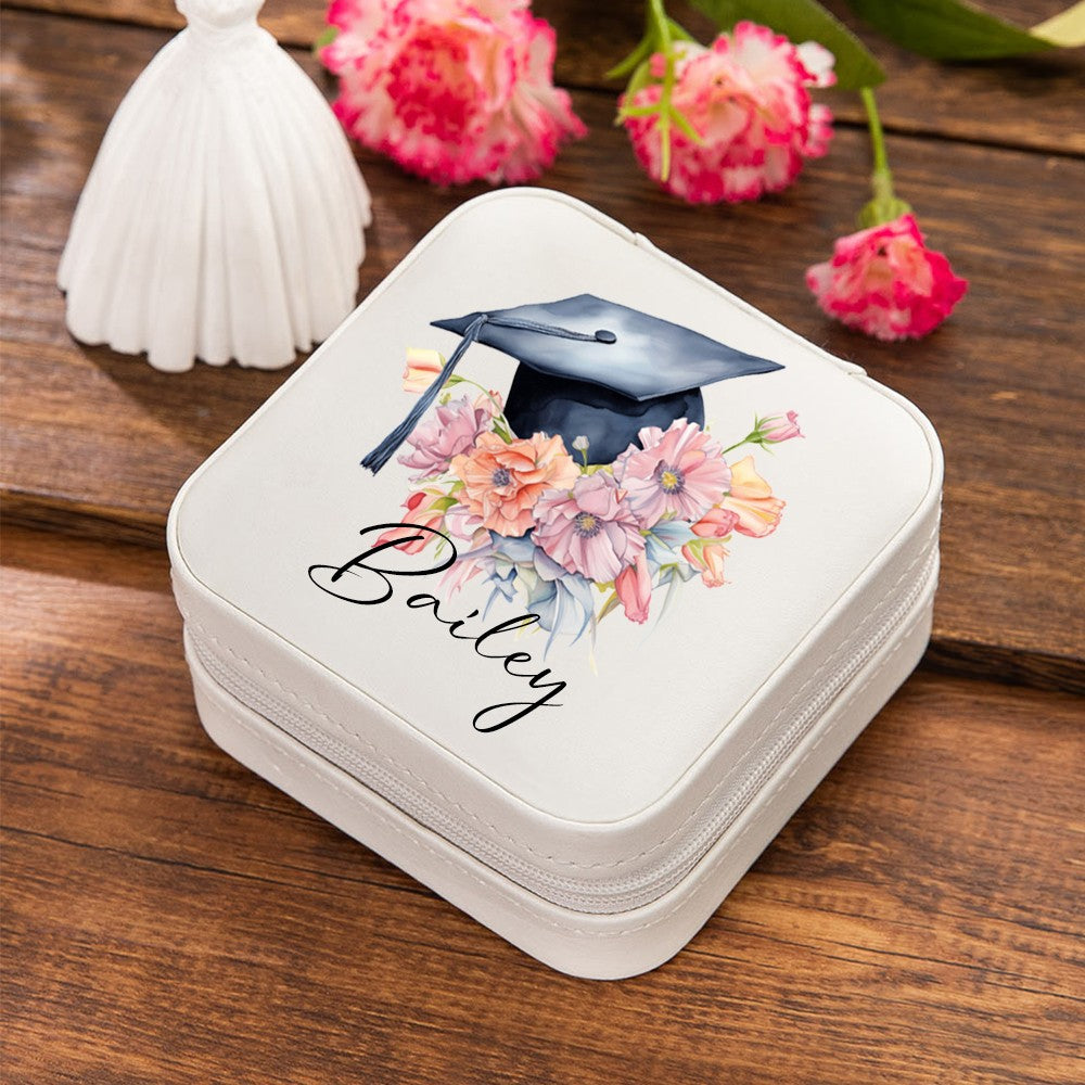 Personalized Name Graduation Cap Flower Leather Jewelry Case, Bouquet of Flowers Travel Jewelry Box, Graduation Gift for Her/Family/Friends/Classmates