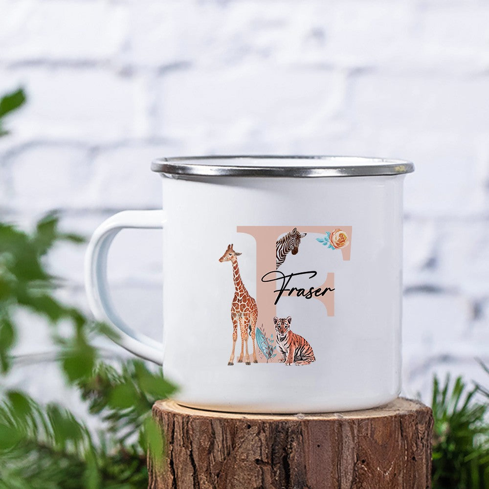 Personalized Initial Forest Animal Enamel Mug, Customized Kid's Name Animal Jungle 11oz Mug, Travel/Camping/Birthday Gift for Boy/Girl/Children