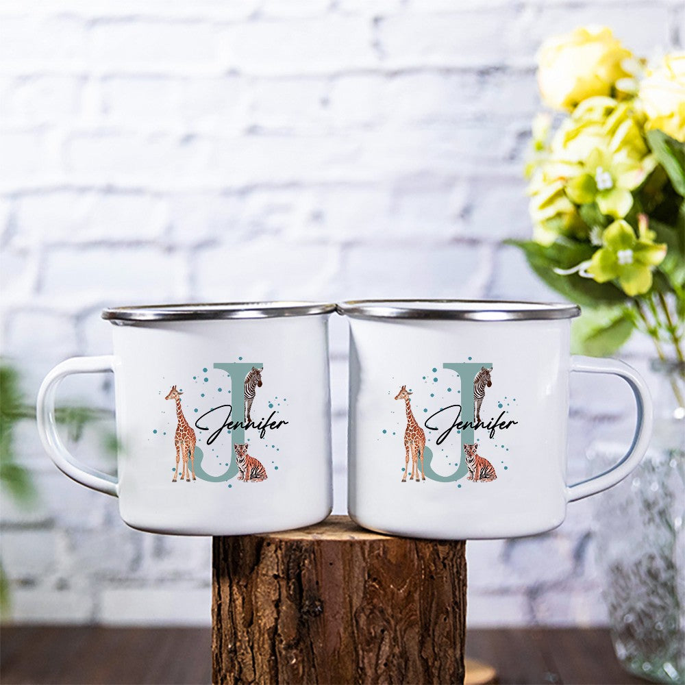 Personalized Initial Forest Animal Enamel Mug, Customized Kid's Name Animal Jungle 11oz Mug, Travel/Camping/Birthday Gift for Boy/Girl/Children