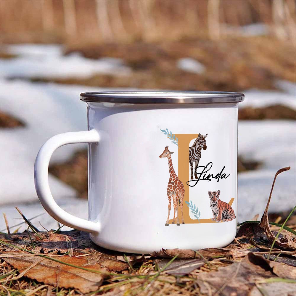 Personalized Initial Forest Animal Enamel Mug, Customized Kid's Name Animal Jungle 11oz Mug, Travel/Camping/Birthday Gift for Boy/Girl/Children