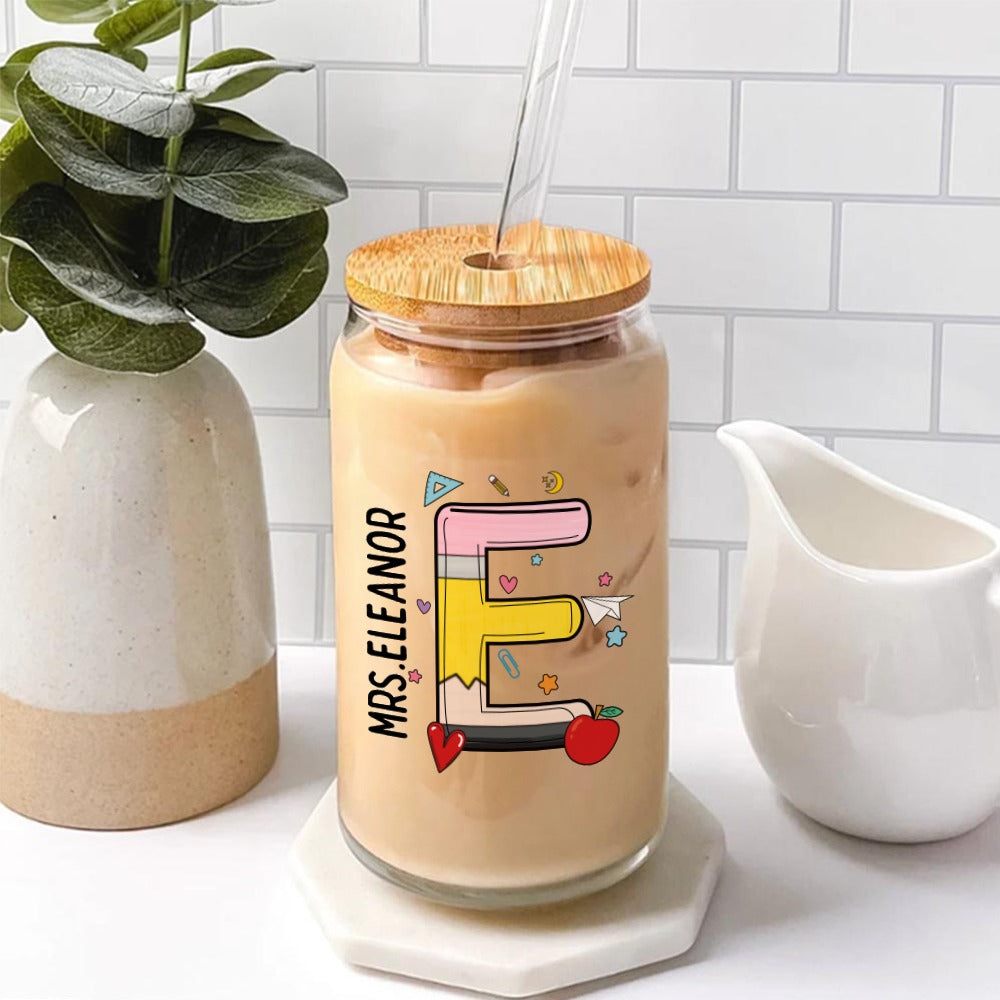 Personalized Name Initial Teacher Glass with Lid and Straw, Frosted Glass Tumbler, Back To School/Teacher's Day/Appreciation Gift for Teachers
