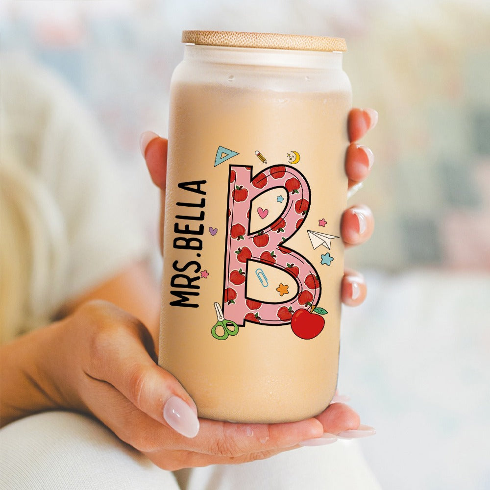 Personalized Name Initial Teacher Glass with Lid and Straw, Frosted Glass Tumbler, Back To School/Teacher's Day/Appreciation Gift for Teachers
