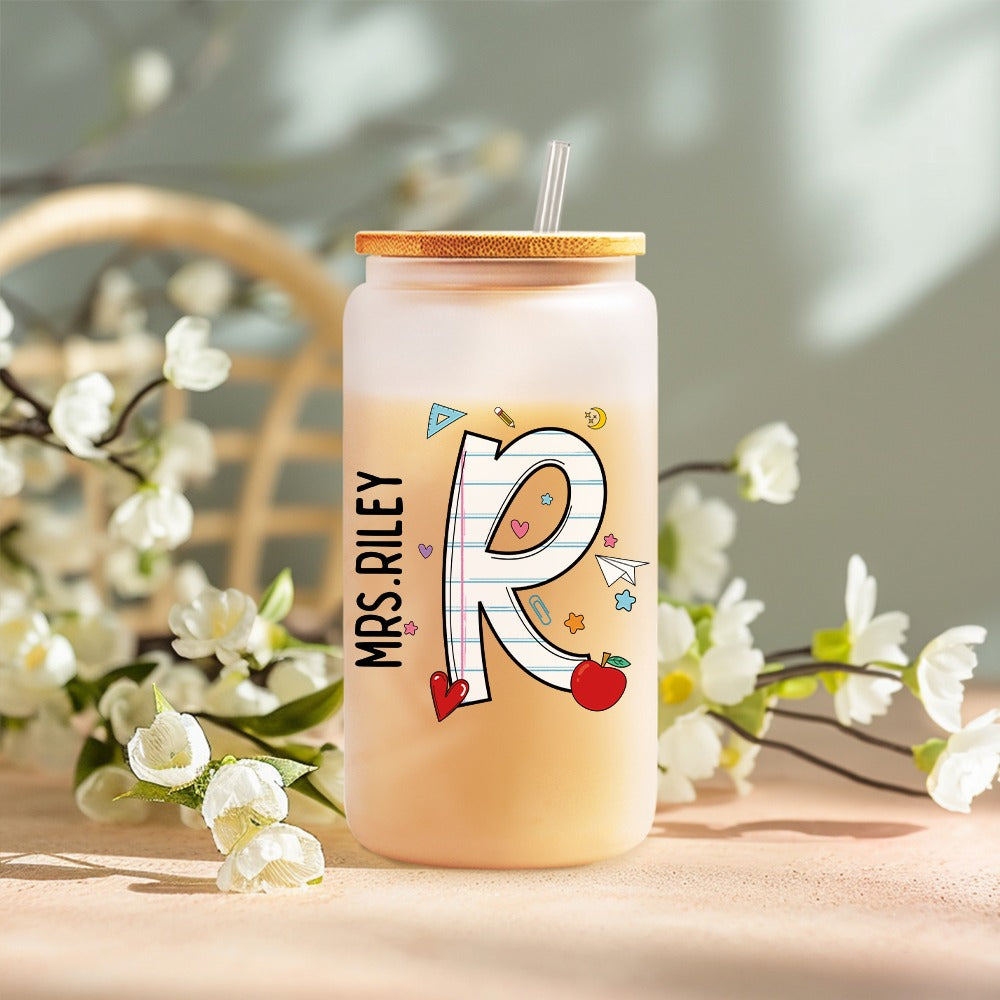 Personalized Name Initial Teacher Glass with Lid and Straw, Frosted Glass Tumbler, Back To School/Teacher's Day/Appreciation Gift for Teachers