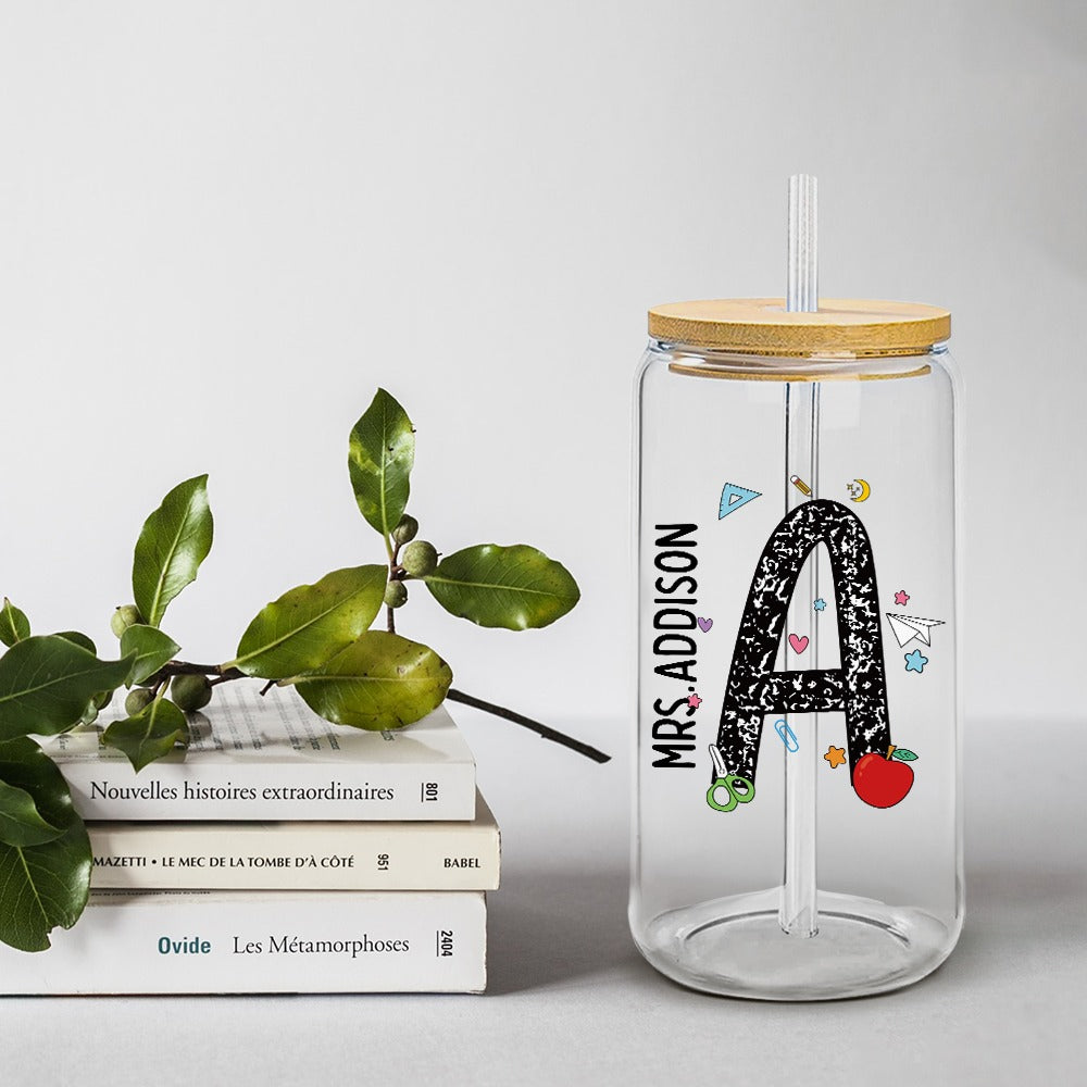 Personalized Name Initial Teacher Glass with Lid and Straw, Frosted Glass Tumbler, Back To School/Teacher's Day/Appreciation Gift for Teachers
