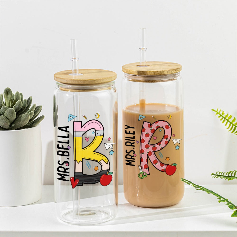 Personalized Name Initial Teacher Glass with Lid and Straw, Frosted Glass Tumbler, Back To School/Teacher's Day/Appreciation Gift for Teachers