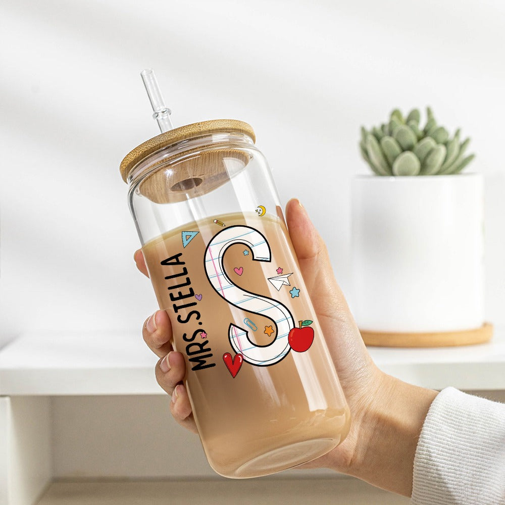 Personalized Name Initial Teacher Glass with Lid and Straw, Frosted Glass Tumbler, Back To School/Teacher's Day/Appreciation Gift for Teachers