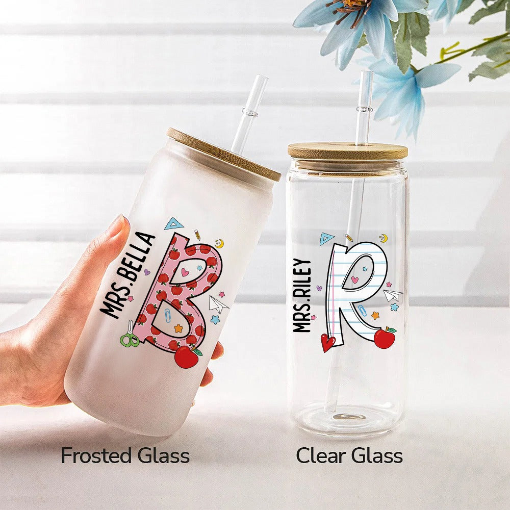 Personalized Name Initial Teacher Glass with Lid and Straw, Frosted Glass Tumbler, Back To School/Teacher's Day/Appreciation Gift for Teachers