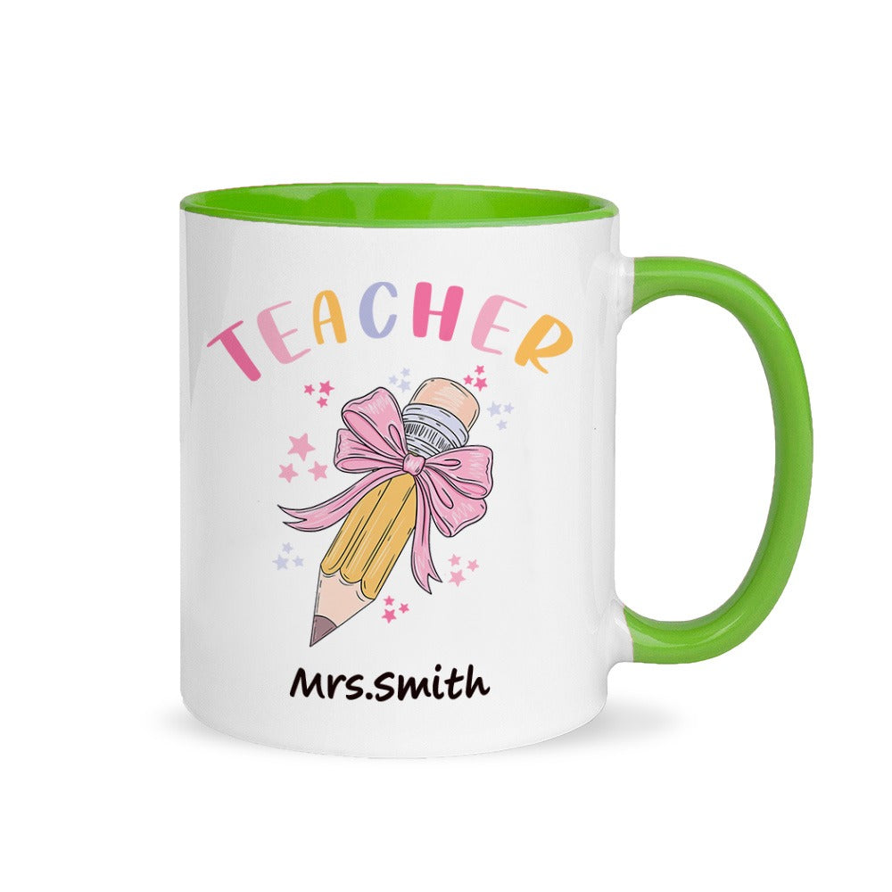 Personalized Pink Coquette Bow Pencil Mug with Teacher's Name, 11oz Ceramic Coffee Tea Cup, Teacher's Day/Appreciation/Christmas Gift for Teachers