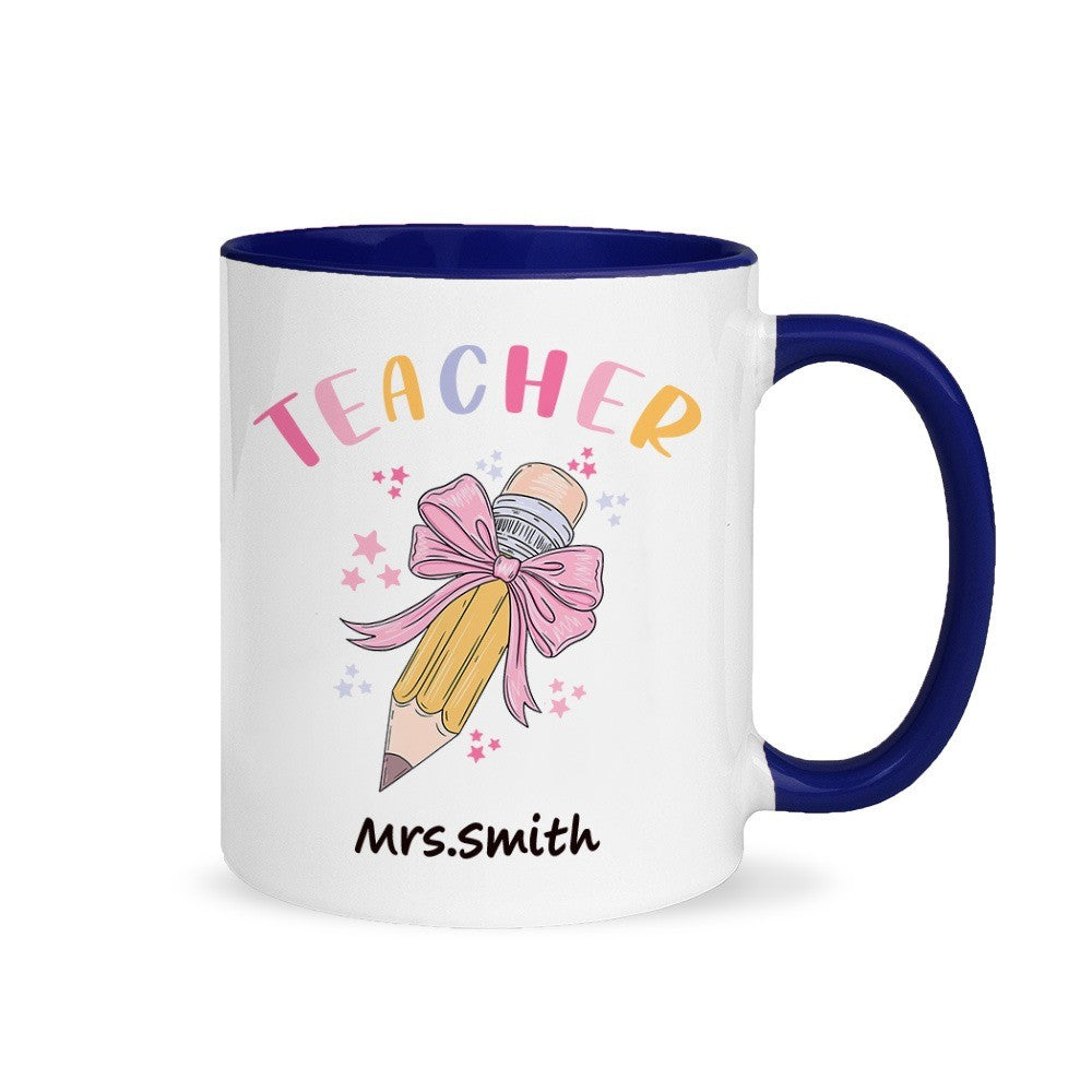 Personalized Pink Coquette Bow Pencil Mug with Teacher's Name, 11oz Ceramic Coffee Tea Cup, Teacher's Day/Appreciation/Christmas Gift for Teachers