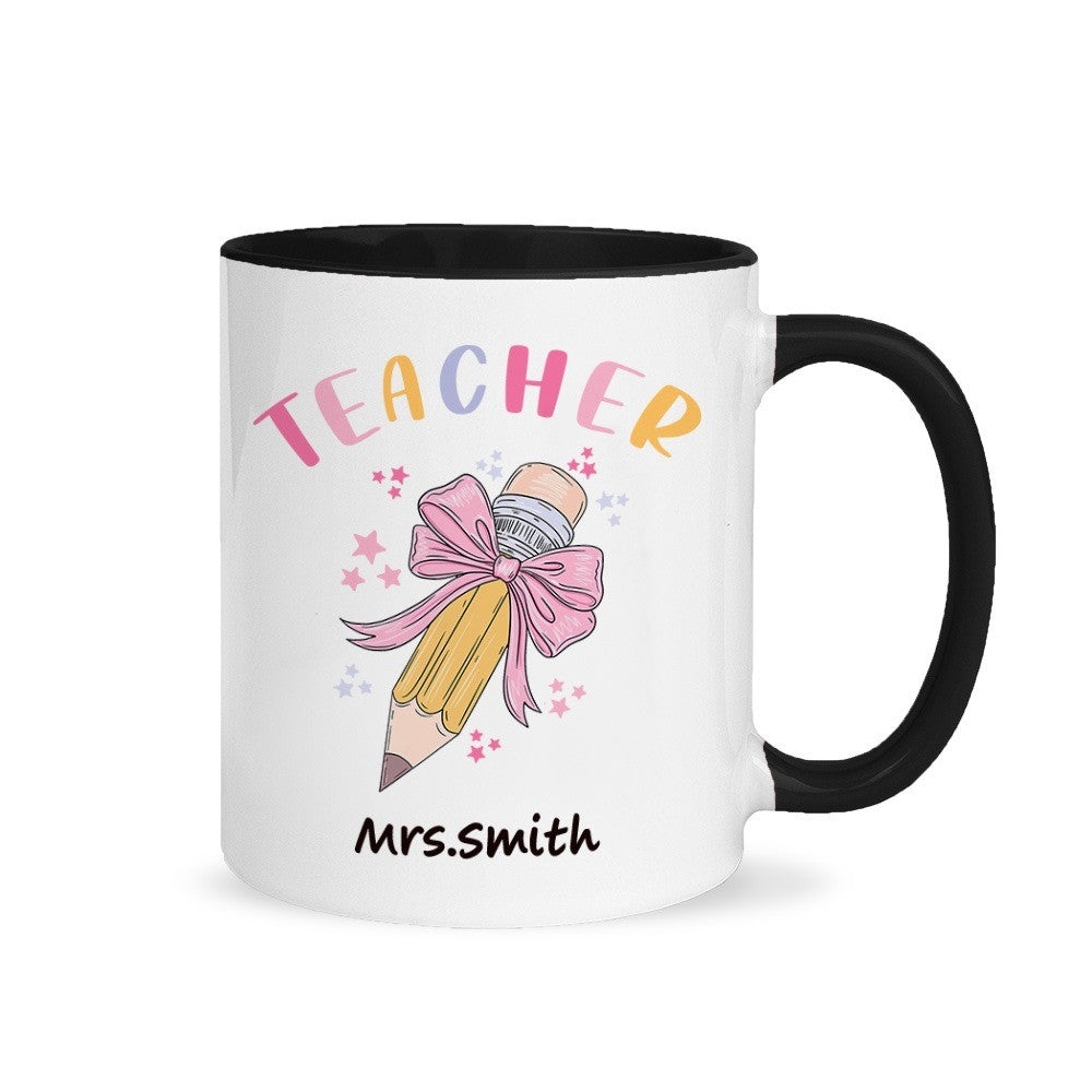 Personalized Pink Coquette Bow Pencil Mug with Teacher's Name, 11oz Ceramic Coffee Tea Cup, Teacher's Day/Appreciation/Christmas Gift for Teachers