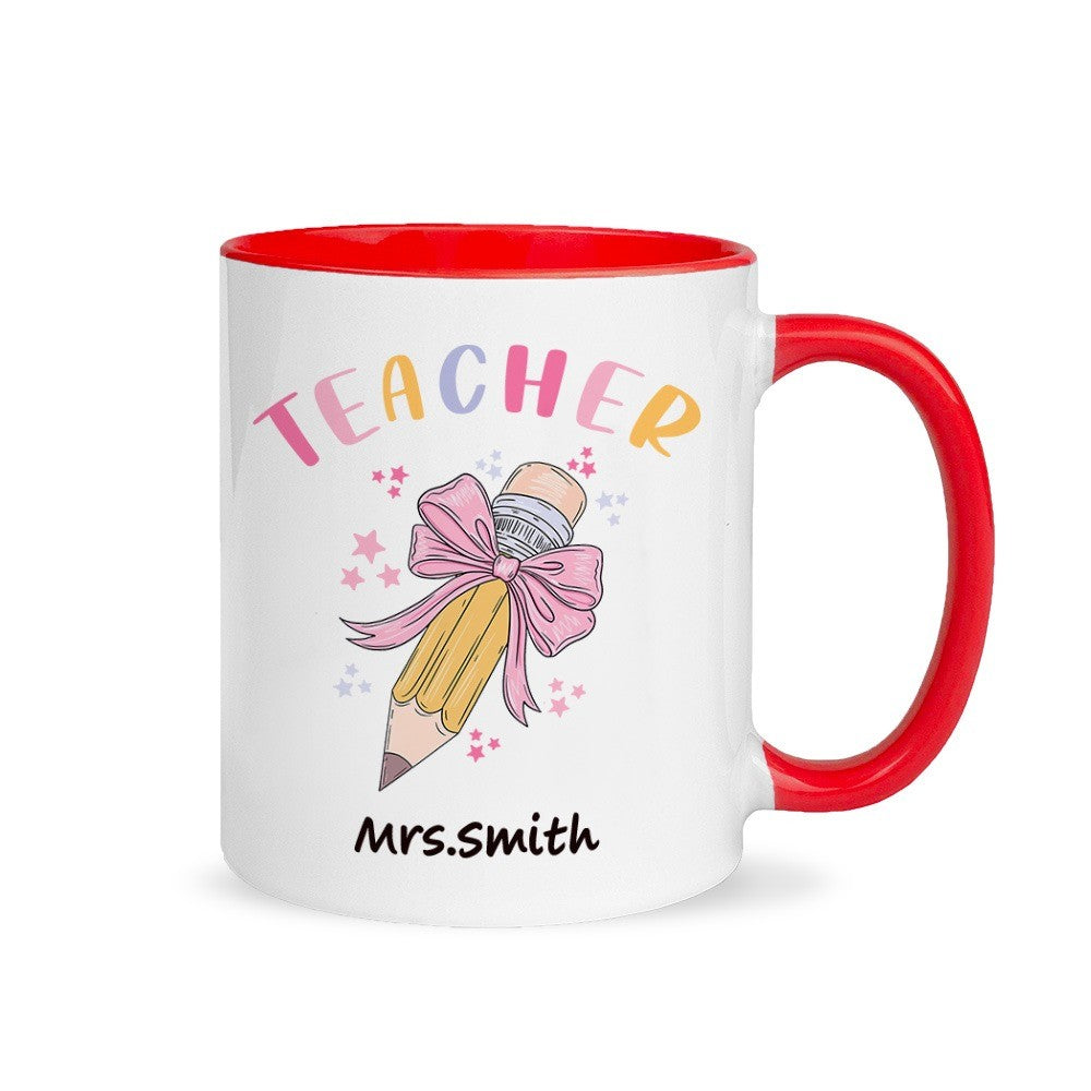 Personalized Pink Coquette Bow Pencil Mug with Teacher's Name, 11oz Ceramic Coffee Tea Cup, Teacher's Day/Appreciation/Christmas Gift for Teachers
