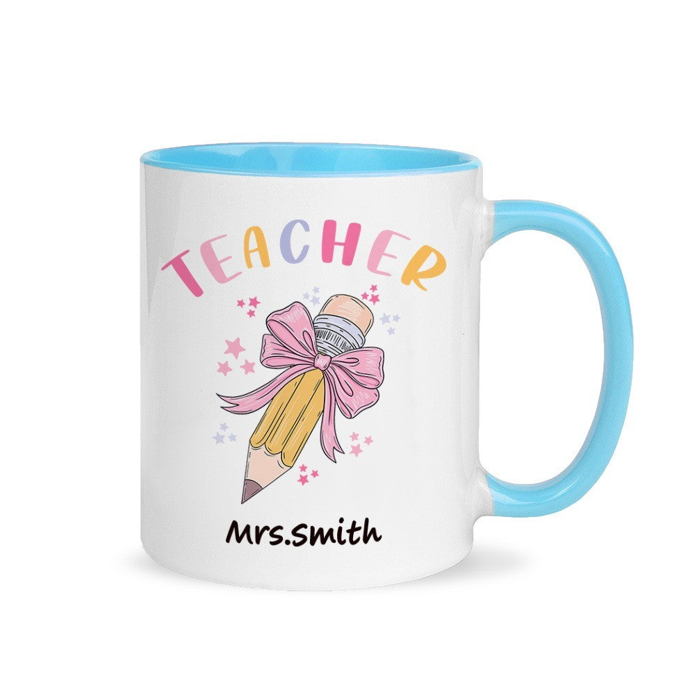 Personalized Pink Coquette Bow Pencil Mug with Teacher's Name, 11oz Ceramic Coffee Tea Cup, Teacher's Day/Appreciation/Christmas Gift for Teachers