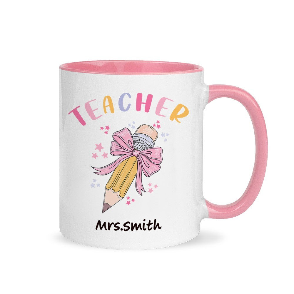 Personalized Pink Coquette Bow Pencil Mug with Teacher's Name, 11oz Ceramic Coffee Tea Cup, Teacher's Day/Appreciation/Christmas Gift for Teachers