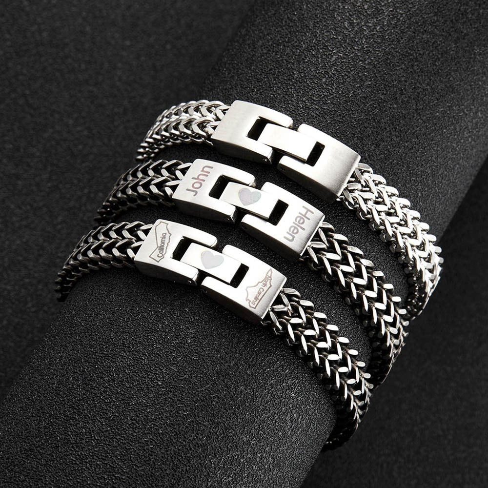 Custom Men's Stainless Steel Interlocking Bracelet with Engraved Names or Maps, Long Distance Relationship Gift for Him