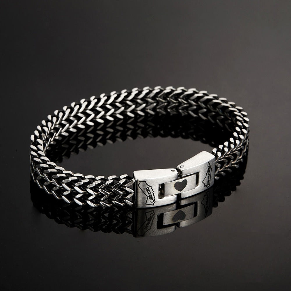 Custom Men's Stainless Steel Interlocking Bracelet with Engraved Names or Maps, Long Distance Relationship Gift for Him