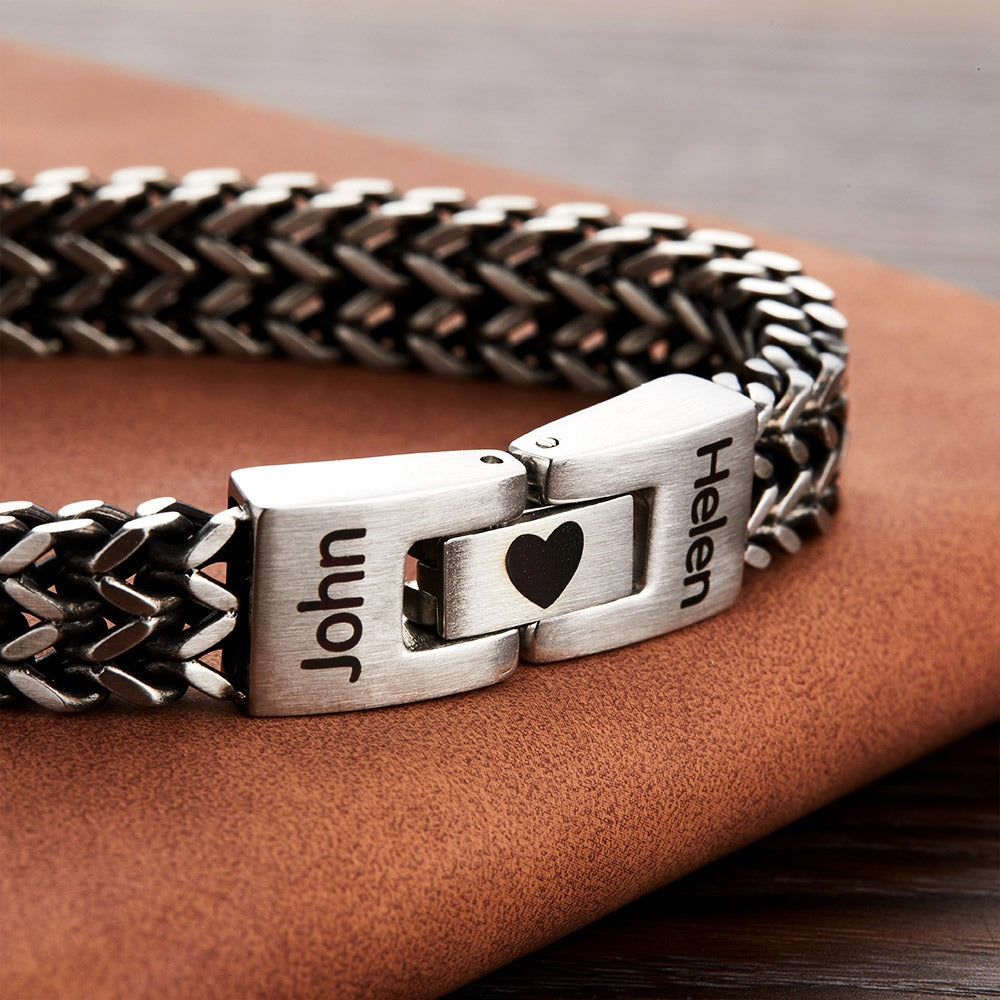 Custom Men's Stainless Steel Interlocking Bracelet with Engraved Names or Maps, Long Distance Relationship Gift for Him
