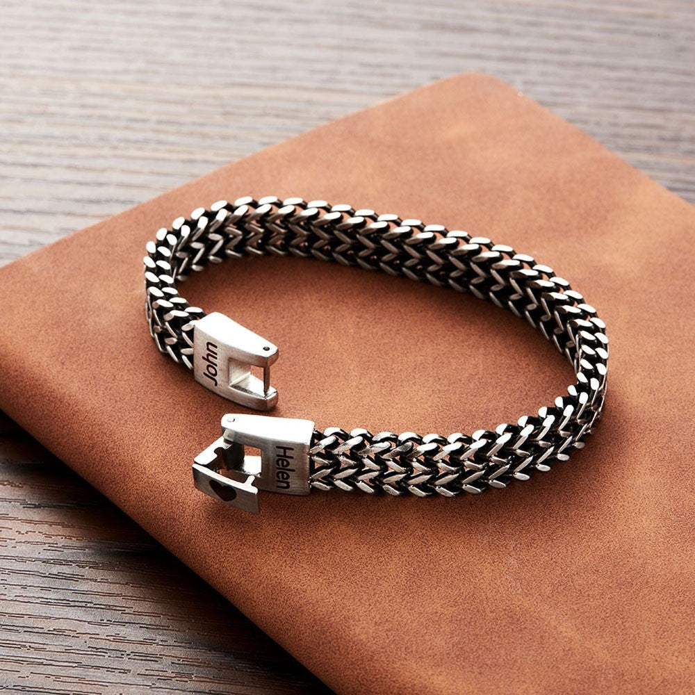 Custom Men's Stainless Steel Interlocking Bracelet with Engraved Names or Maps, Long Distance Relationship Gift for Him