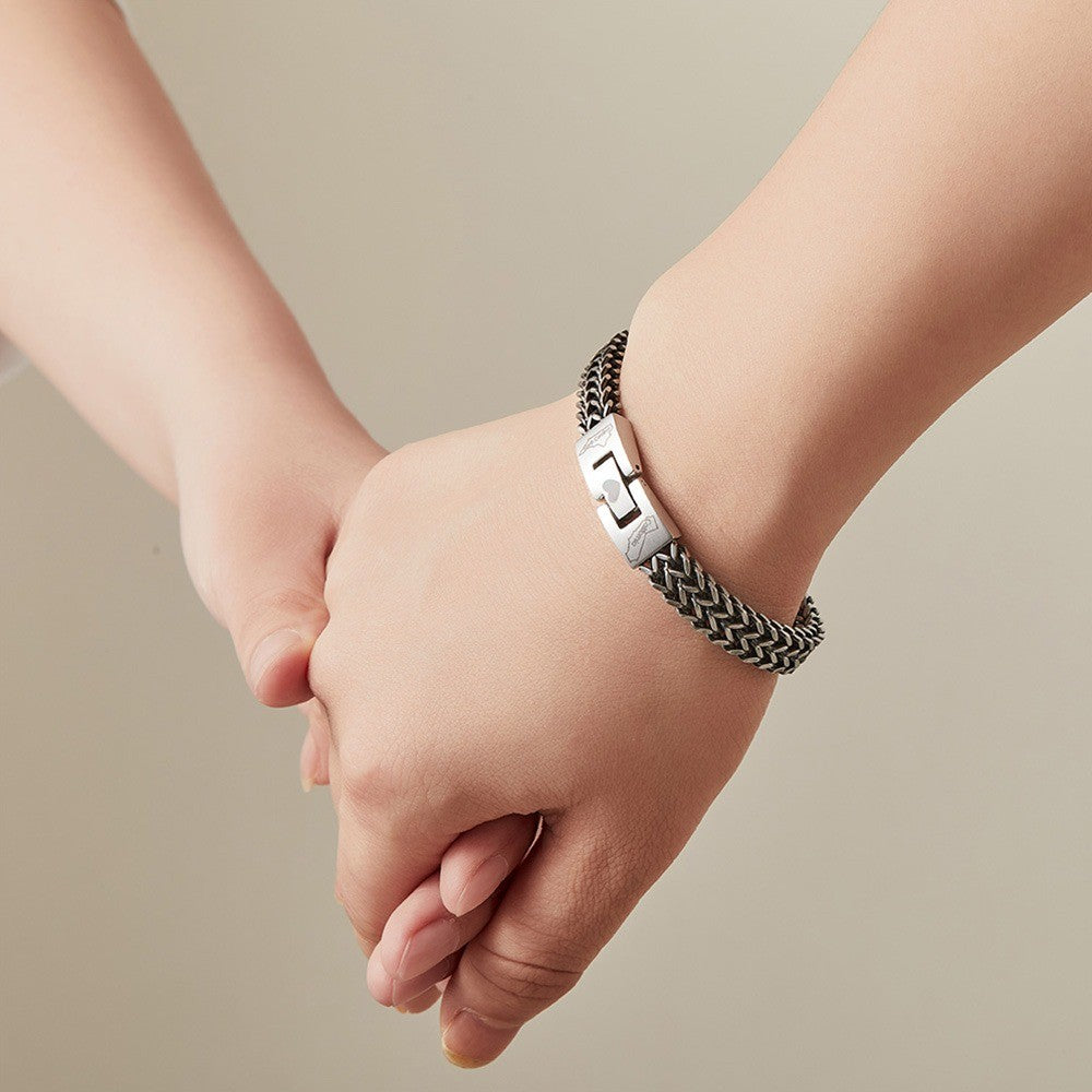 Custom Men's Stainless Steel Interlocking Bracelet with Engraved Names or Maps, Long Distance Relationship Gift for Him