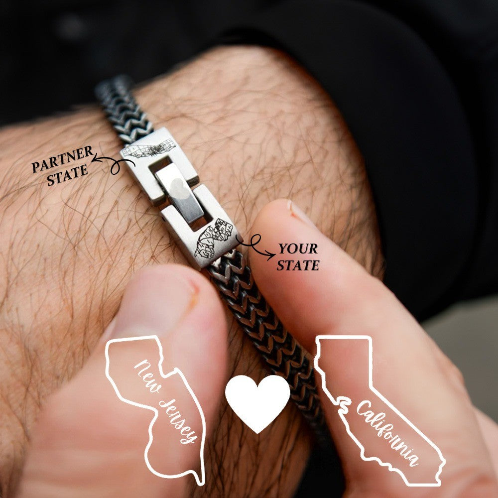 Custom Men's Stainless Steel Interlocking Bracelet with Engraved Names or Maps, Long Distance Relationship Gift for Him