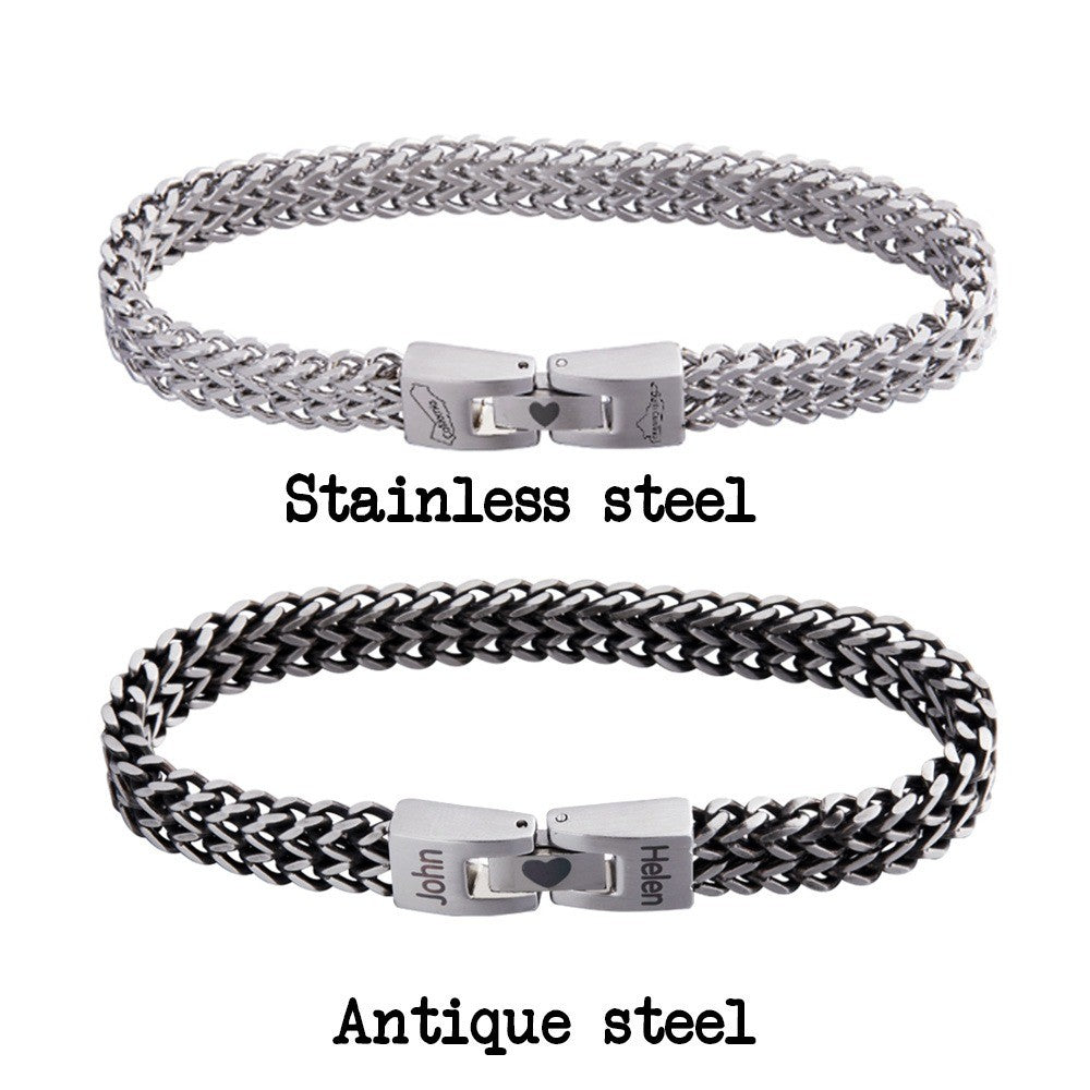 Custom Men's Stainless Steel Interlocking Bracelet with Engraved Names or Maps, Long Distance Relationship Gift for Him