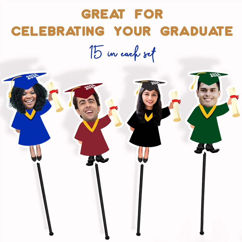 (Set of 15pcs)Personalized Face Photo Graduation Drink Stirrer, Funny Swizzle Stick for Graduation Party Decor, Gift for Graduate/College/Classmate