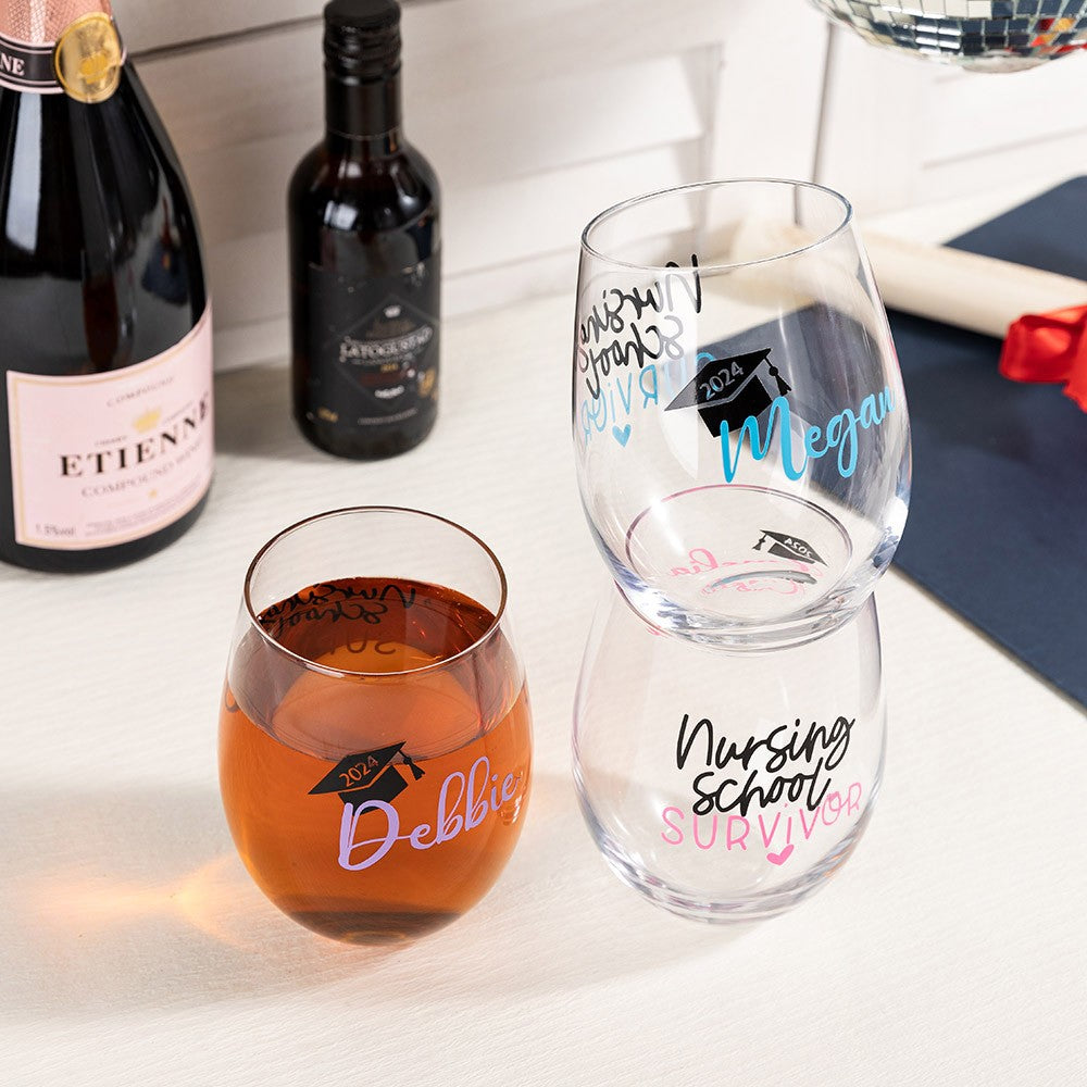 Personalized Name Nurse Graduation Wine Glass, Nursing School Survivor Glass, Graduation Party Decor, Appreciation/Graduation Gift for Nurse/Student