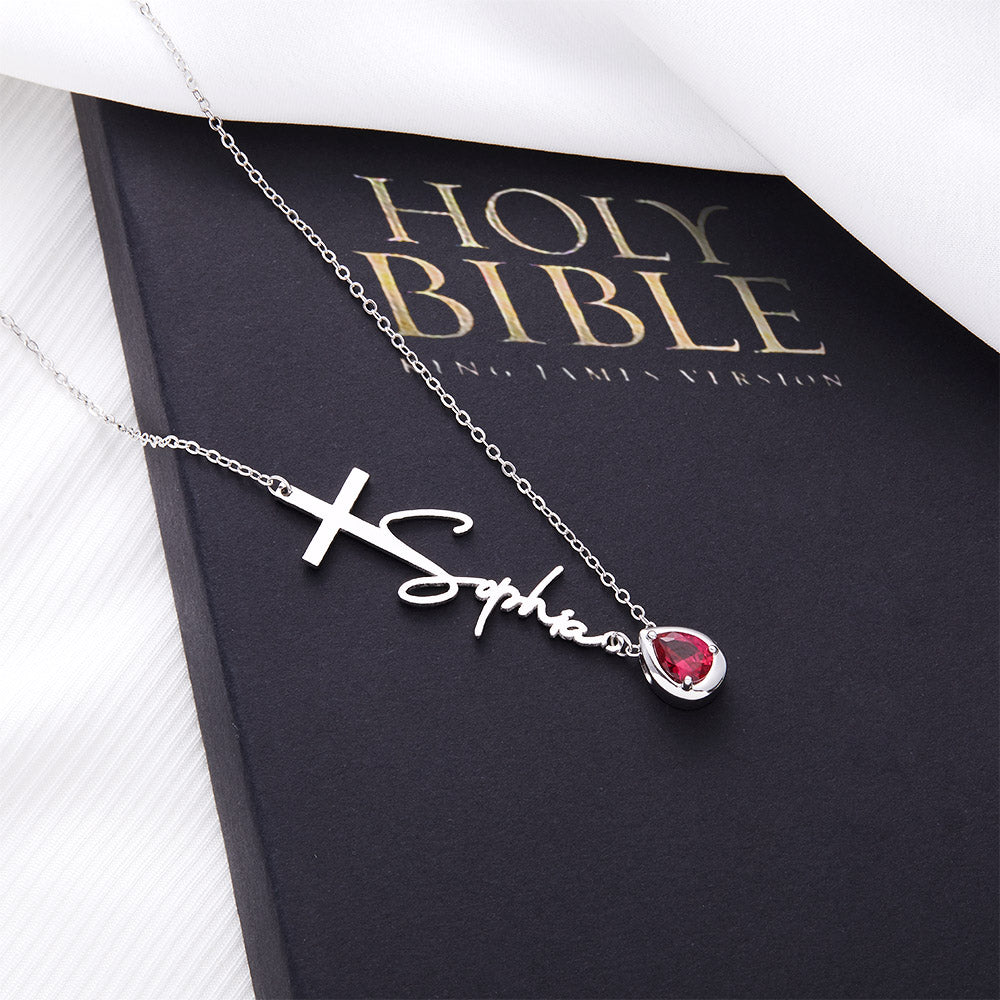 Personalized Sideway Name Cross Necklace, Custom Birthstone Teardrop Sterling Silver Necklace, First Communion/Christening Gift for Women/Her