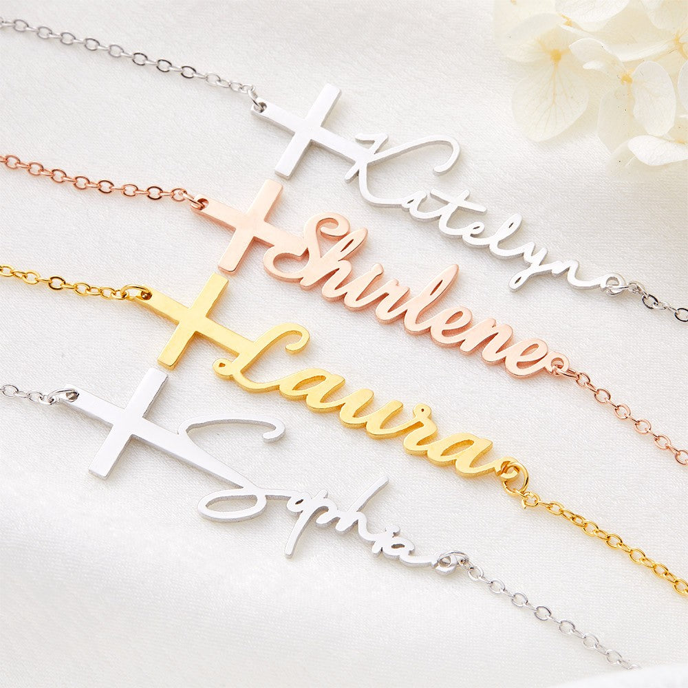 Personalized Sideway Name Cross Necklace, Custom Birthstone Teardrop Sterling Silver Necklace, First Communion/Christening Gift for Women/Her