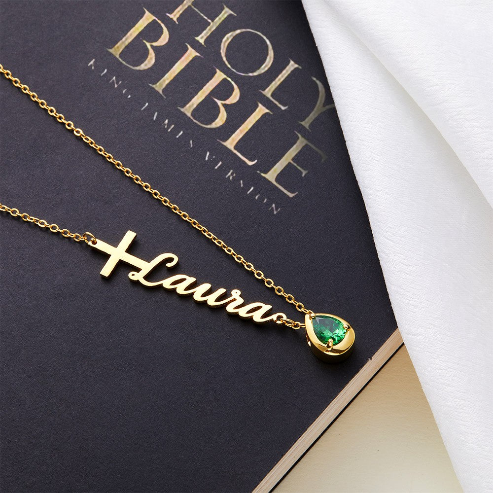 Personalized Sideway Name Cross Necklace, Custom Birthstone Teardrop Sterling Silver Necklace, First Communion/Christening Gift for Women/Her